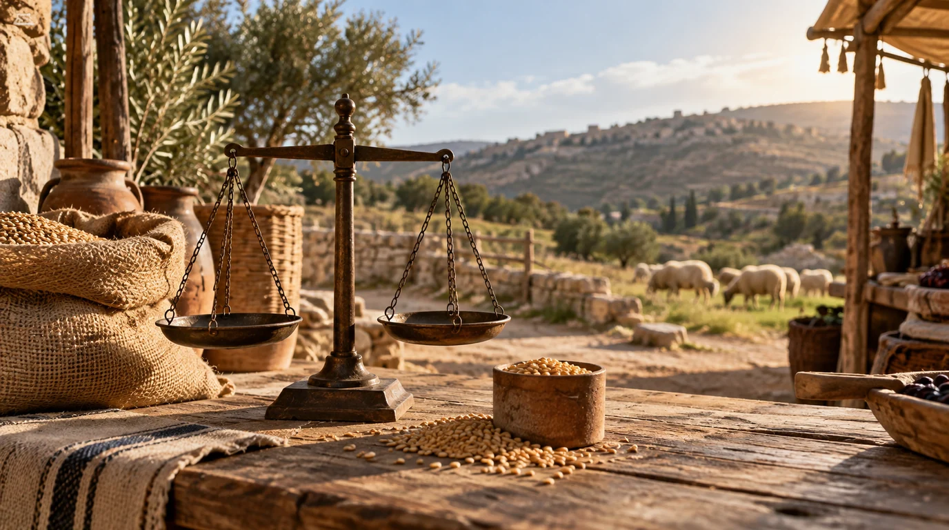 Balanced market scale beside grain with sheep on a sunlit rural hillside