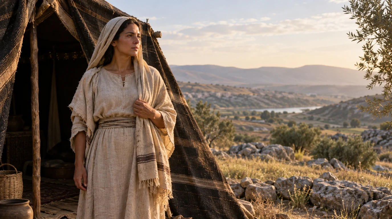 An illustration of Jael standing beside a woven tent overlooking sunlit hills.