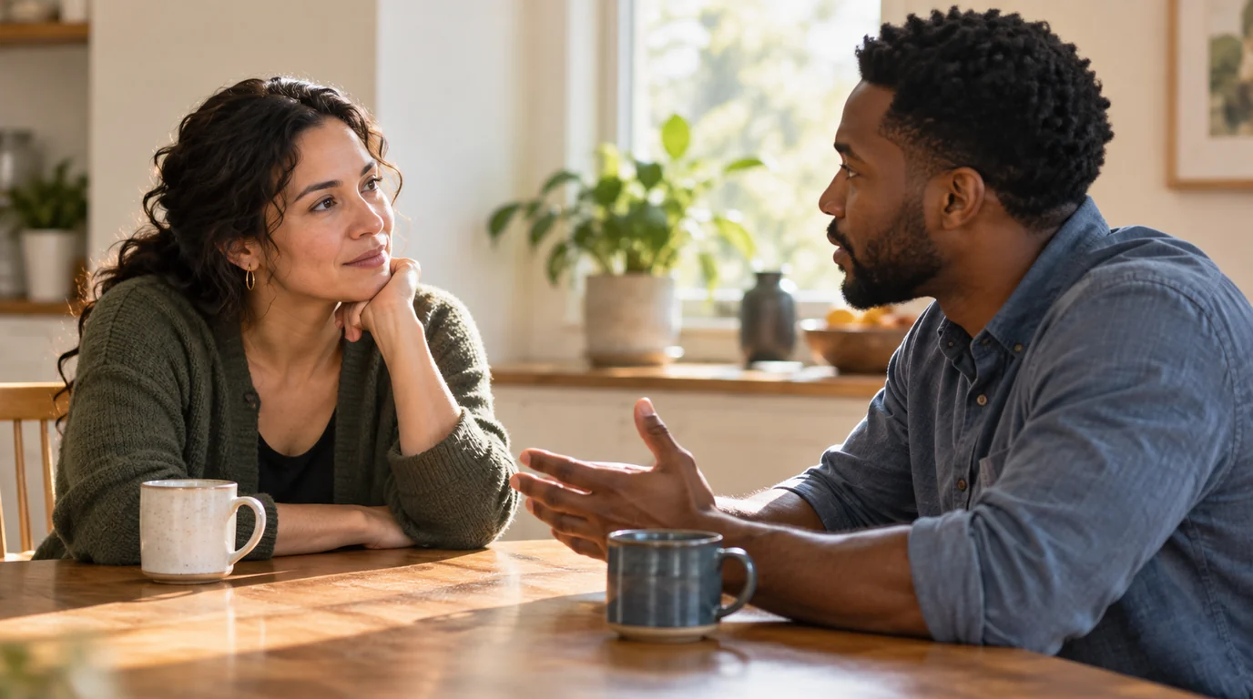 A woman listens attentively as a man speaks across a wooden table in a softly sunlit room.