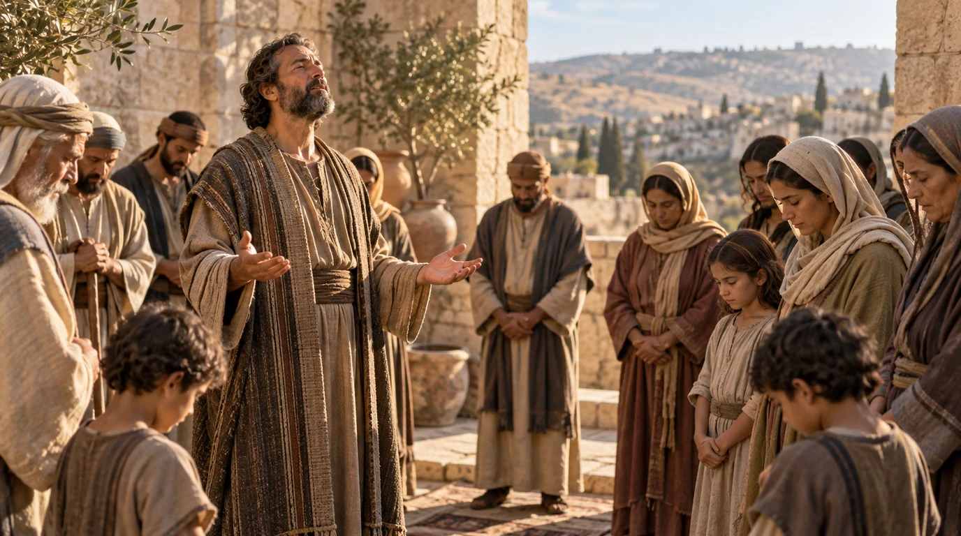 A Judean king stands with open hands in prayer among families gathered in a sunlit stone courtyard.