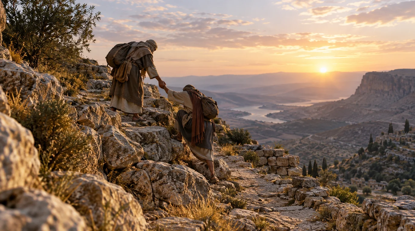 One traveler helping another on a rocky mountain path at dawn