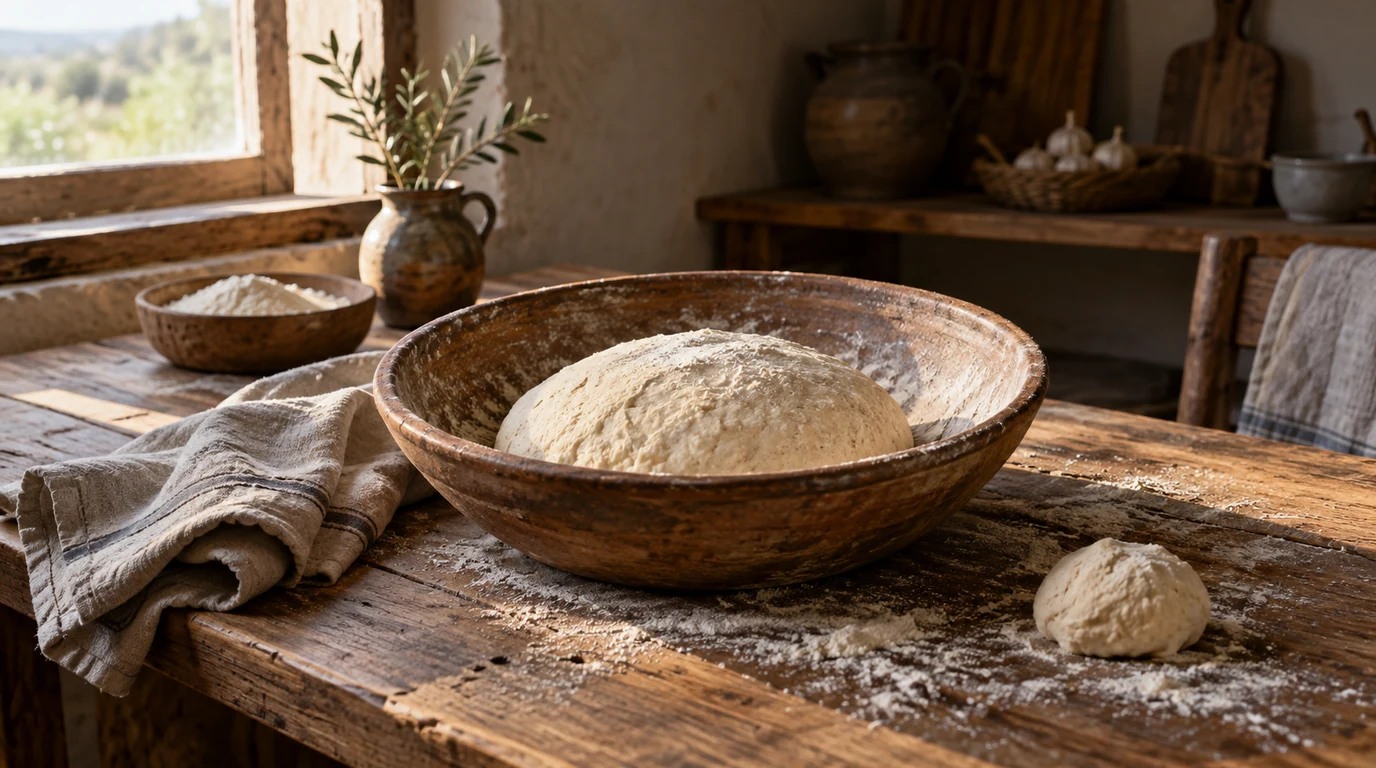 'Fresh bread dough in an earthenware bowl with a small piece of dough and linen on a sunlit wooden table.'