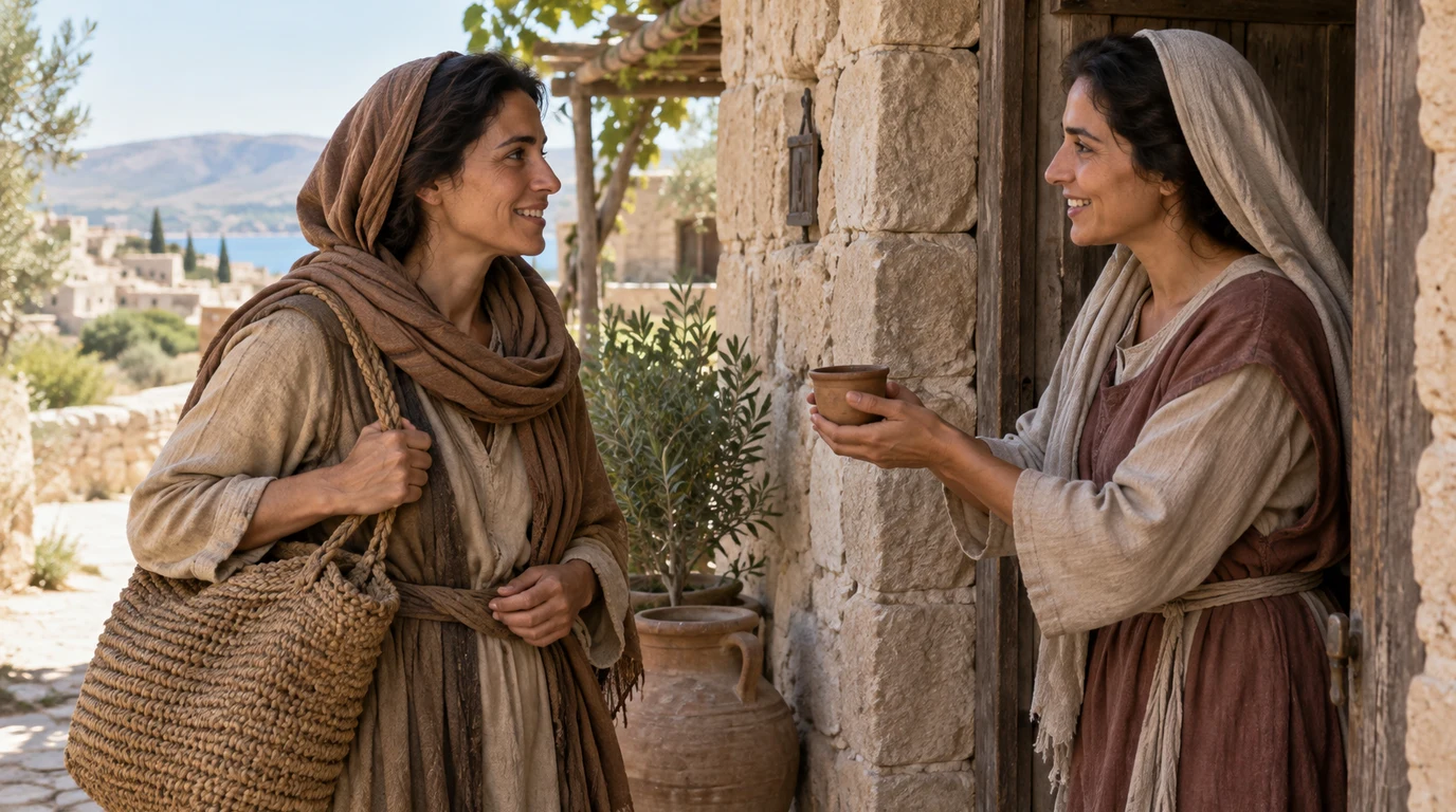 Illustration of a woman traveler receiving a cup of water from another woman at a stone doorway.