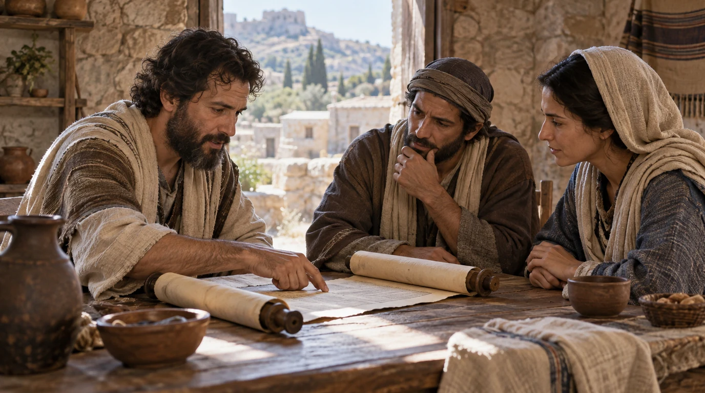 Three listeners in simple robes examine an open parchment scroll together in a sunlit stone room.