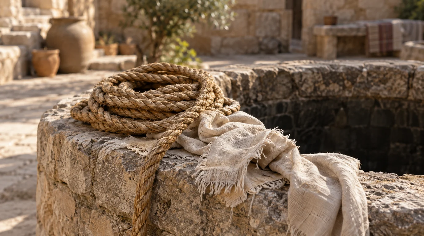 Coiled rope and worn linen resting on the stone rim of a cistern in a sunlit courtyard.