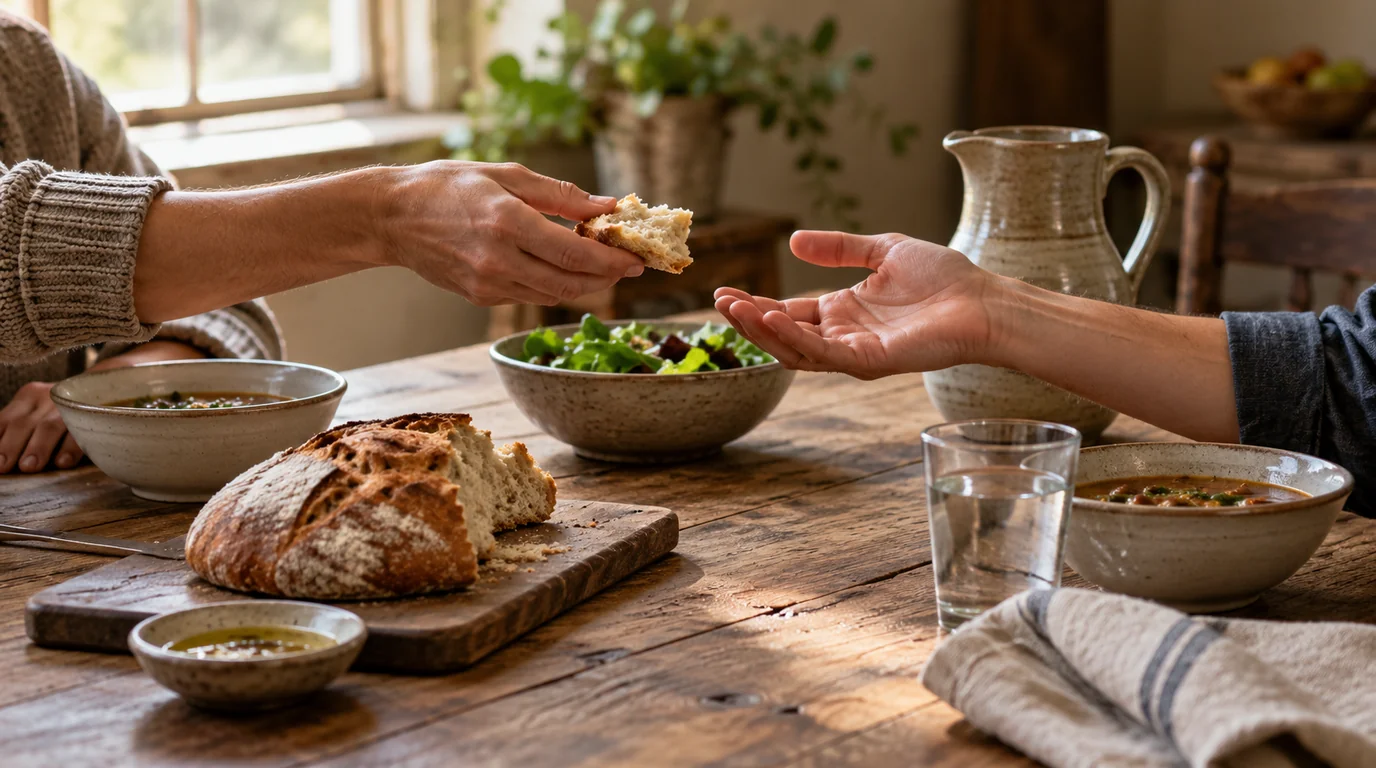 Two people sharing bread over a simple meal at a wooden table in warm window light.
