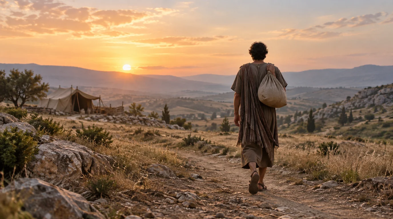 A traveler carrying a cloth bundle walks along a rocky path away from a canvas dwelling at dawn.