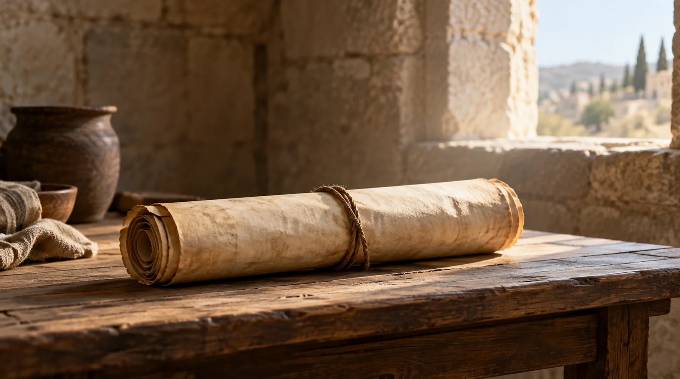 A rolled parchment scroll tied with a plain cord on a wooden table beside a sunlit stone window.