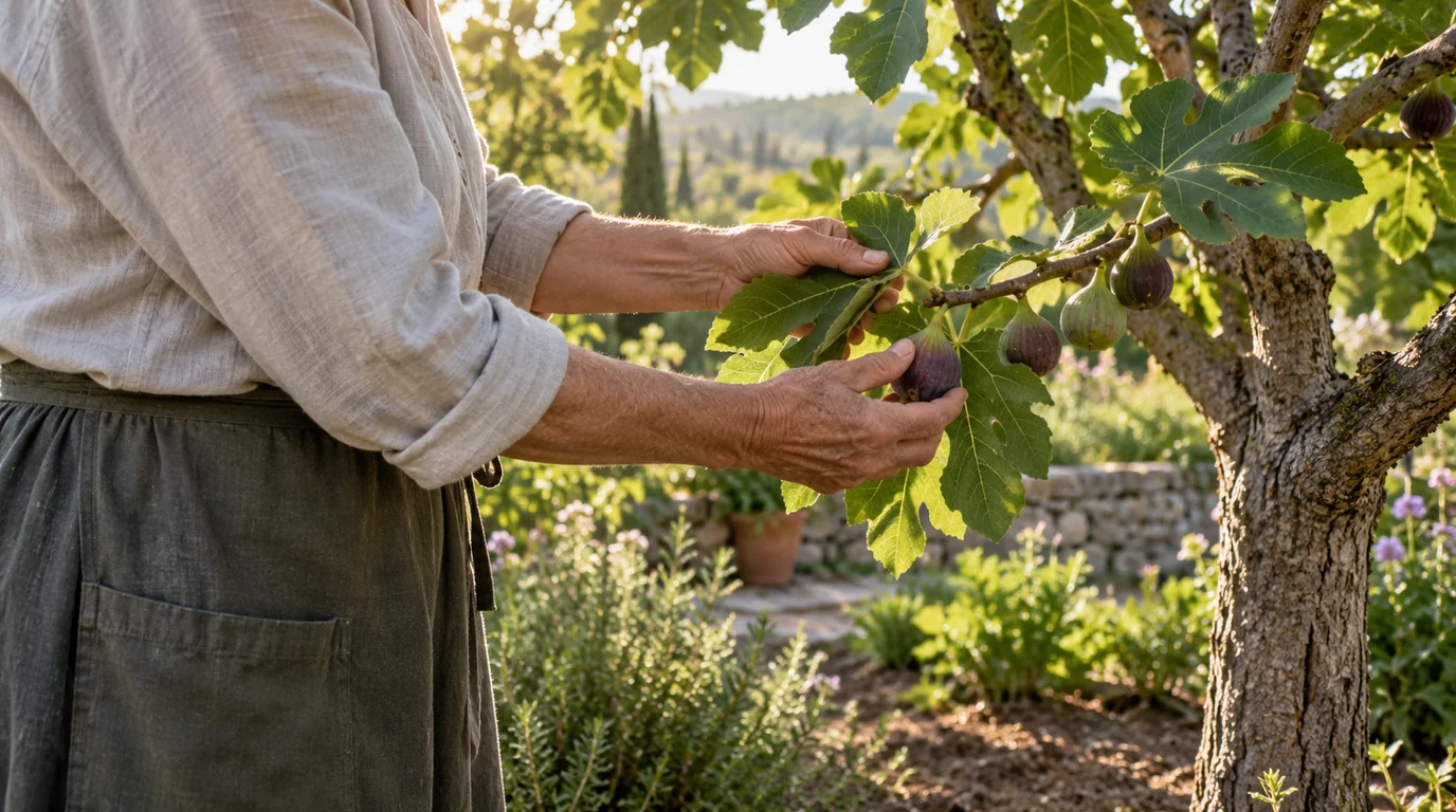 An older adult gently holding a leafy fig branch with ripe fruit in a sunlit garden.
